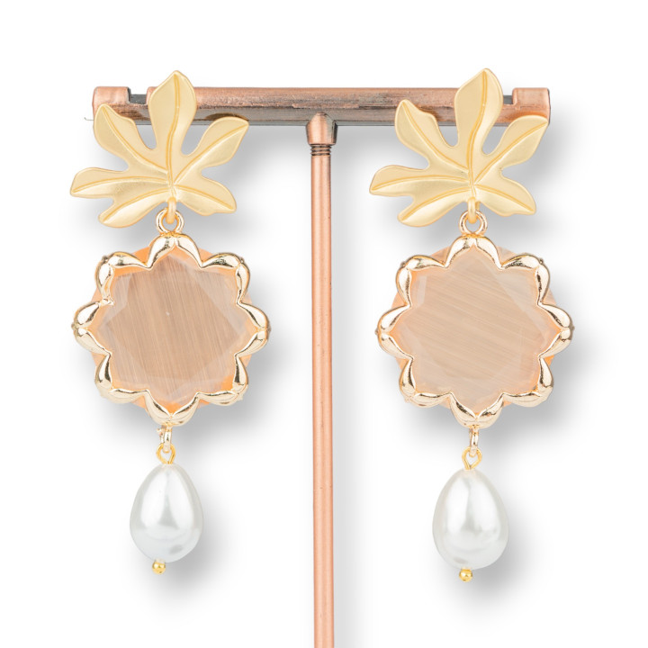 Bronze-Ohrstecker mit Blumen-Katzenauge und 30 x 68 mm pfirsichfarbenen mallorquinischen Perlen