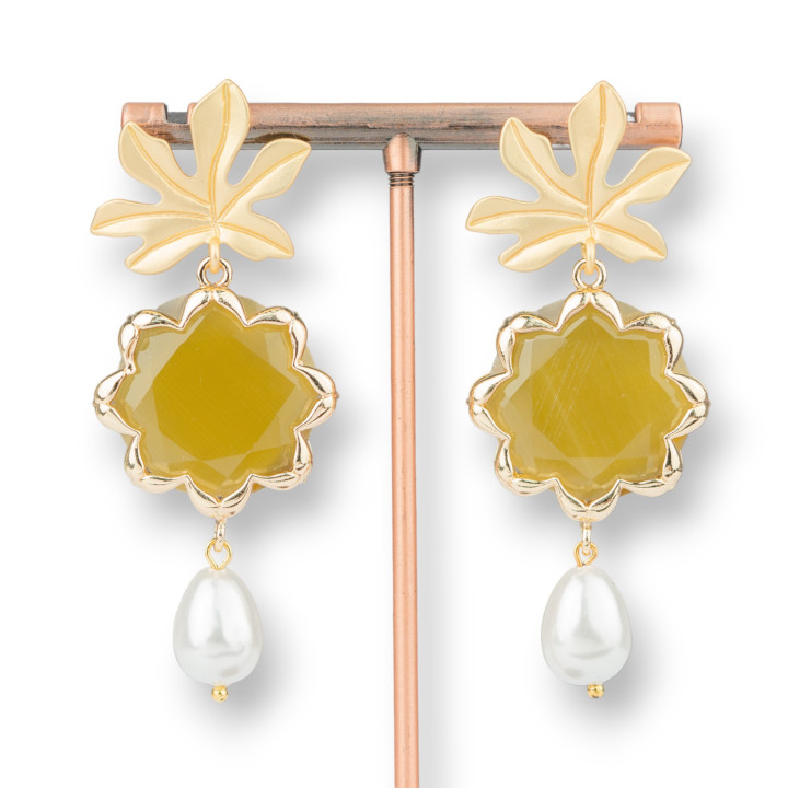 Bronze Stud Earrings with Flower Cat's Eye and Majorcan Pearls 30x68mm Mustard