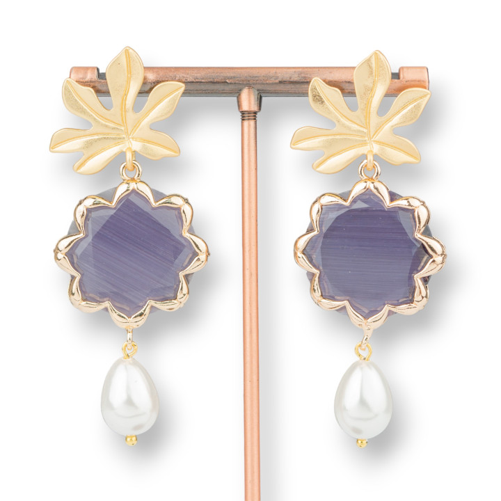 Orecchini A Perno Di Bronzo Con Occhio Di Gatto A Fiore E Perle Di Maiorca 30x68mm Viola