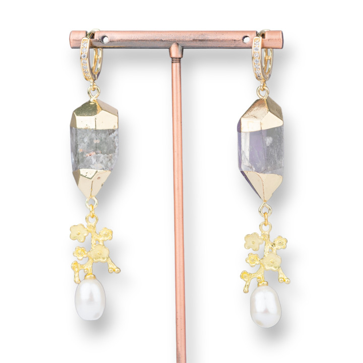 Bronze Earrings with Gold Plated Hematoid Quartz Pendant and Pearls 70-80mm
