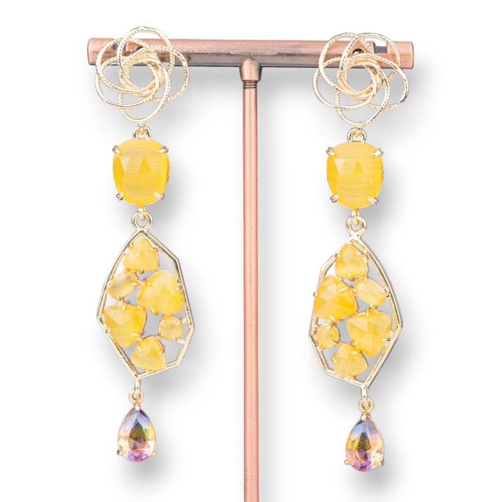 Orecchini Perno Di Bronzo Con Occhio Di Gatto E Goccia Di Cubic Zirconia 16x80mm MOD3