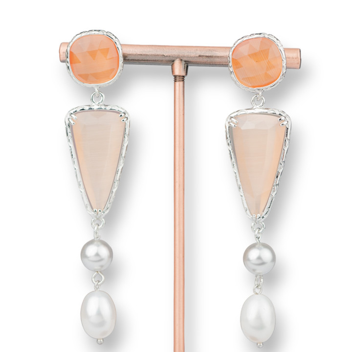 Boucles D'oreilles Tiges Bronze Oeil De Chat Et Perles 15x72mm Pêche