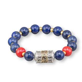 Pulsera Elástica De Piedras Semipreciosas Y Hematites De 10mm Con Lapislázuli Central De Bronce