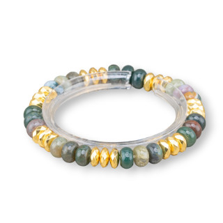 Pulsera Elástica 8mm Piedra Dura Rondelle Y Ágata India Hematita Dorada