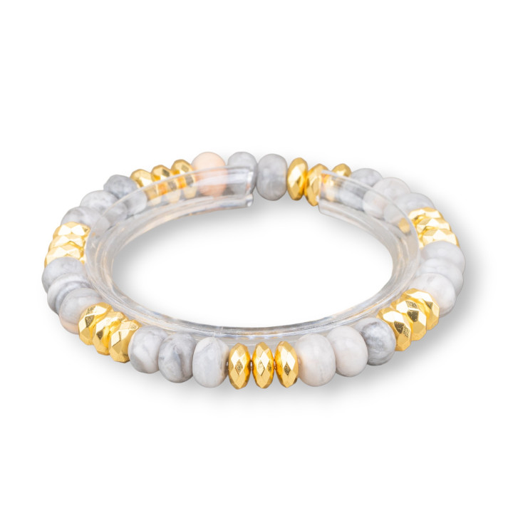 Elastisches Armband, 8 mm Hartstein-Rondelle und goldener Hämatit-Grau-Jaspis