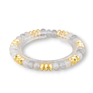 Bracciale Elastico Rondelle Di Pietra Dure 8mm E Ematite Dorato Quarzo Grigio