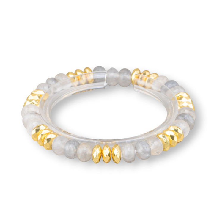 Bracciale Elastico Rondelle Di Pietra Dure 8mm E Ematite Dorato Quarzo Grigio