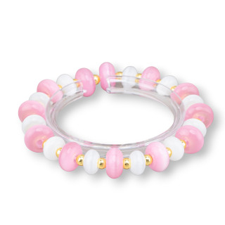 Bracelets Extensibles Oeil de Chat et Hématite 12mm Rose+Blanc Doré