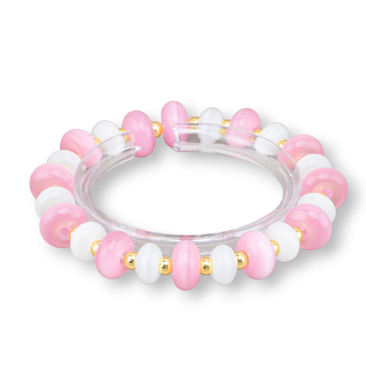 Pulseras elásticas de hematita y ojo de gato de 12 mm rosa + dorado blanco