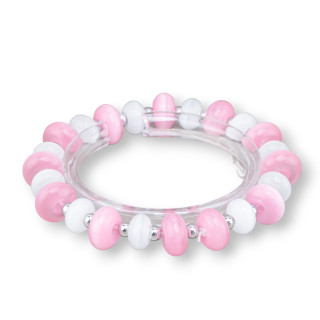 Bracciali Elasticizzato Di Occhio Di Gatto 12mm E Ematite Rosa+Bianco Rodio