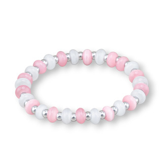 8mm Cat's Eye and Rhodium-Plated Hematite Stretch Bracelets Pink+White