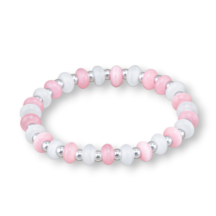 8mm Cat's Eye and Rhodium-Plated Hematite Stretch Bracelets Pink+White