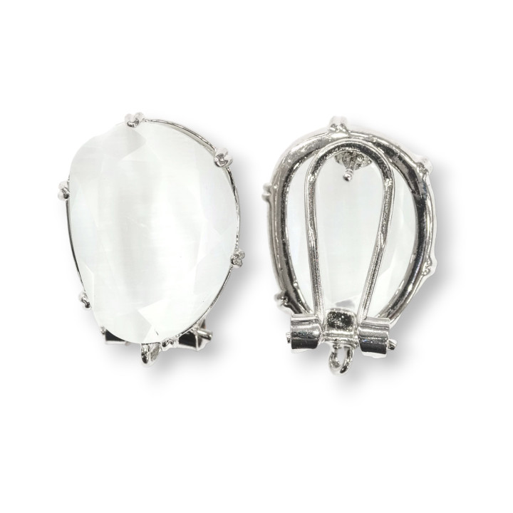 Geschlossene Ohrstecker aus Messing, Basis mit facettierten Mango-Katzenaugen, 15 x 20 mm, 5 Paar, weißes Rhodium