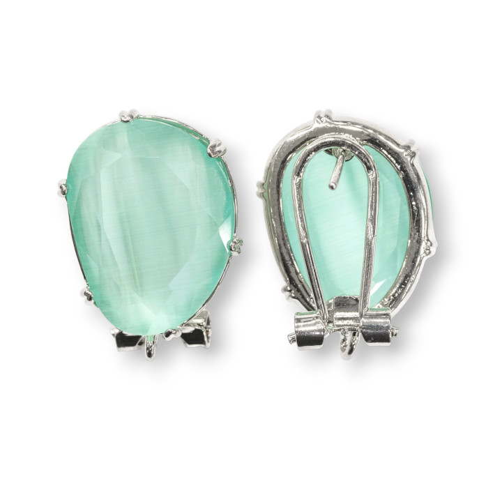 Aretes Cerrados De Latón Base Con Ojos De Gato De Mango Facetado 15x20mm 5 Pares Rodio Verde Agua