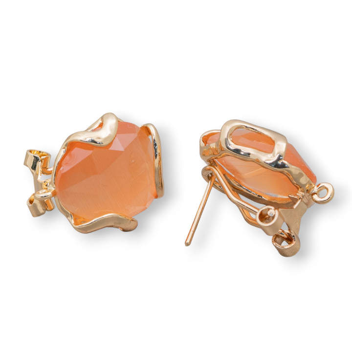 Aretes Cerrados Bronce Ojo De Gato Irregular Facetado Base 17mm 5 Pares Naranja Dorado