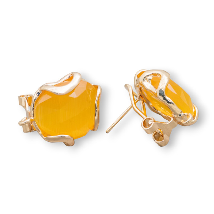 Aretes Cerrados Bronce Ojo De Gato Irregular Facetado Base 17mm 5 Pares Amarillo Dorado