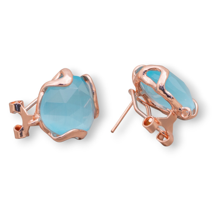 Unregelmäßige facettierte Katzenauge-Ohrstecker aus Bronze, geschlossen, Basis, 17 mm, 5 Paar, Roségold, Aqua