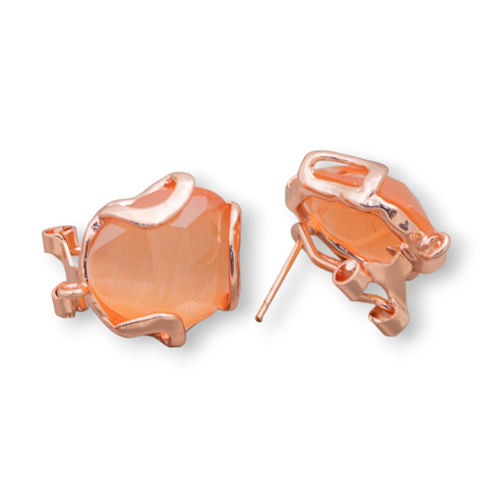 Pendientes de botón cerrados de bronce con ojo de gato facetado irregular Base 17 mm 5 pares de oro rosa naranja