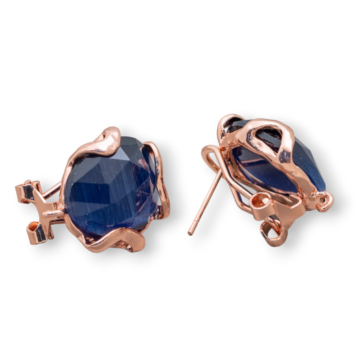 17mm Faceted Irregular Cat's Eye Bronze Closed Stud Earring Base 5 Pairs Rose Gold Blue Sapphire