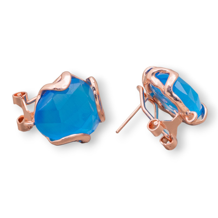 Geschlossene Ohrstecker aus Bronze mit unregelmäßigen facettierten Katzenaugen, Basis 17 mm, 5 Paar, Roségold, Himmelblau