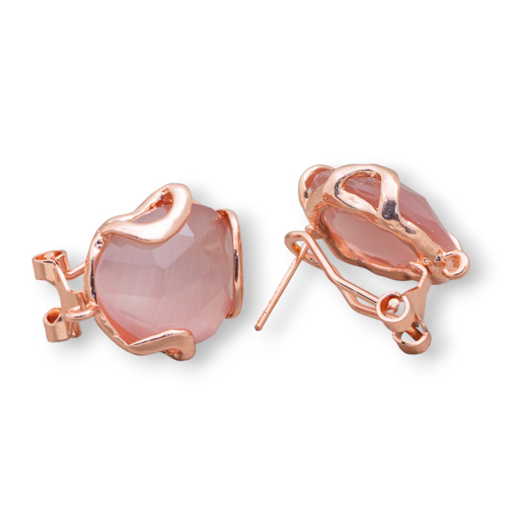 Geschlossene Ohrstecker aus Bronze mit unregelmäßigen facettierten Katzenaugen, Basis 17 mm, 5 Paar Roségoldpulver