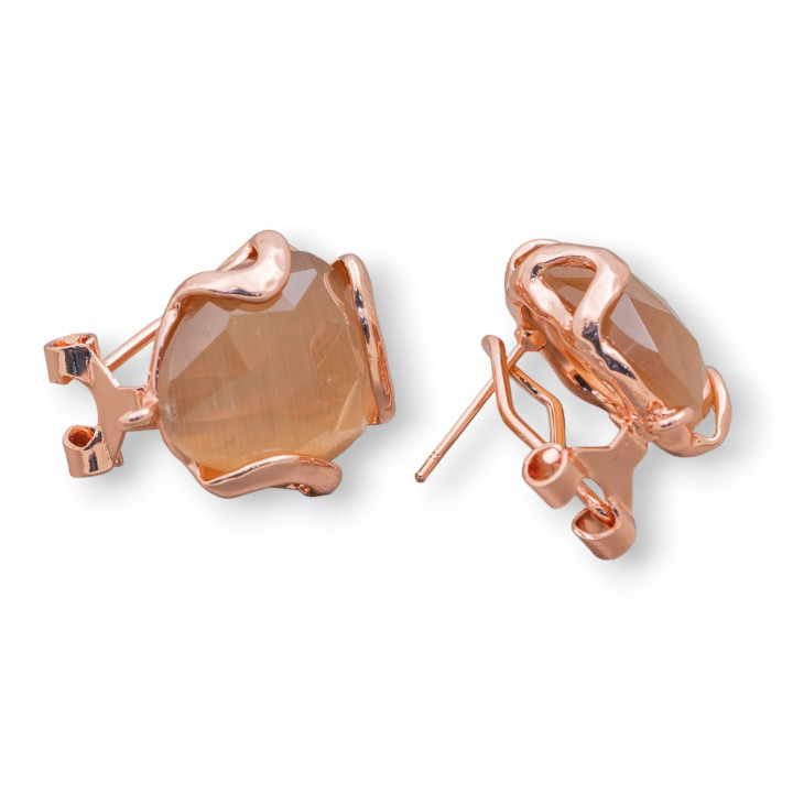 Boucles d'Oreilles Fermées Oeil de Chat en Bronze à Facettes Irrégulières Base 17mm 5 Paires Or Rose Marron