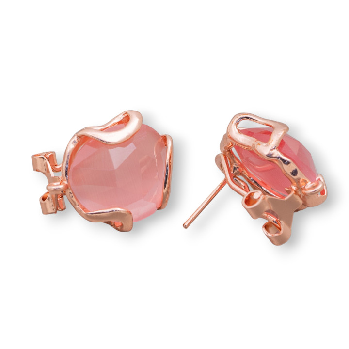 17mm Faceted Irregular Cat's Eye Bronze Closed Stud Earring Base 5 Pairs Rose Gold Pink