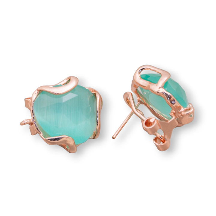 Pendientes de botón cerrados de bronce con ojo de gato facetado irregular Base 17 mm 5 pares de oro rosa verde azulado