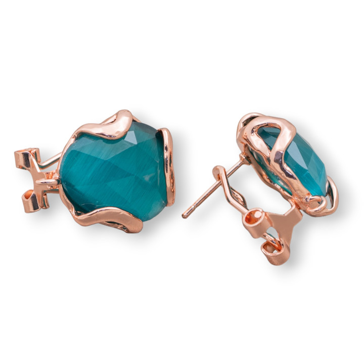 Boucles d'Oreilles Fermées Bronze Oeil de Chat à Facettes Irrégulières Base 17mm 5 Paires Or Rose Vert Emeraude