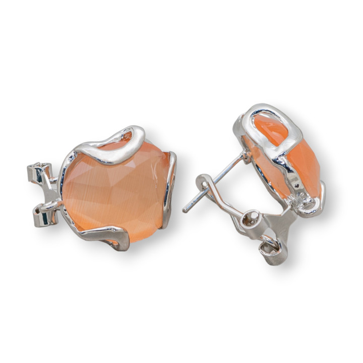 Unregelmäßige facettierte Cat Eye Bronze Geschlossene Ohrstecker Basis 17mm 5 Paar Orange Rhodium