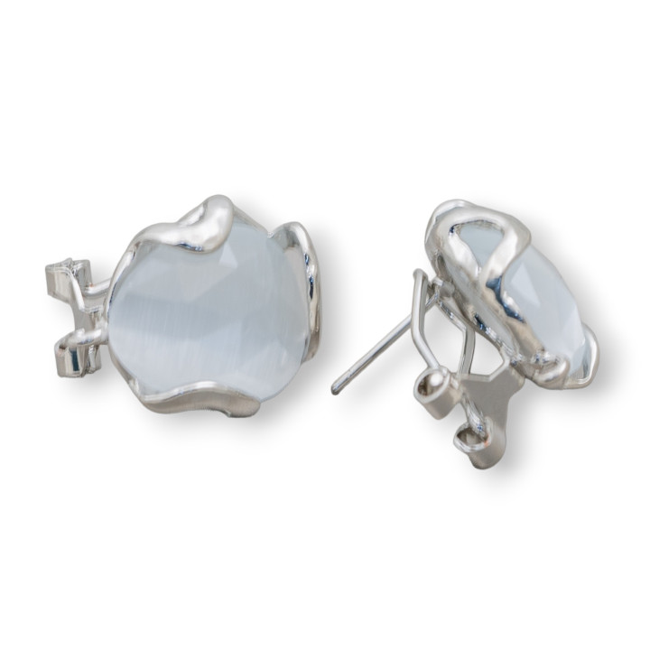 Bronze Closed Stud Earring Base with Irregular Faceted Cat's Eye 17mm 5 Pairs White Rhodium Plated