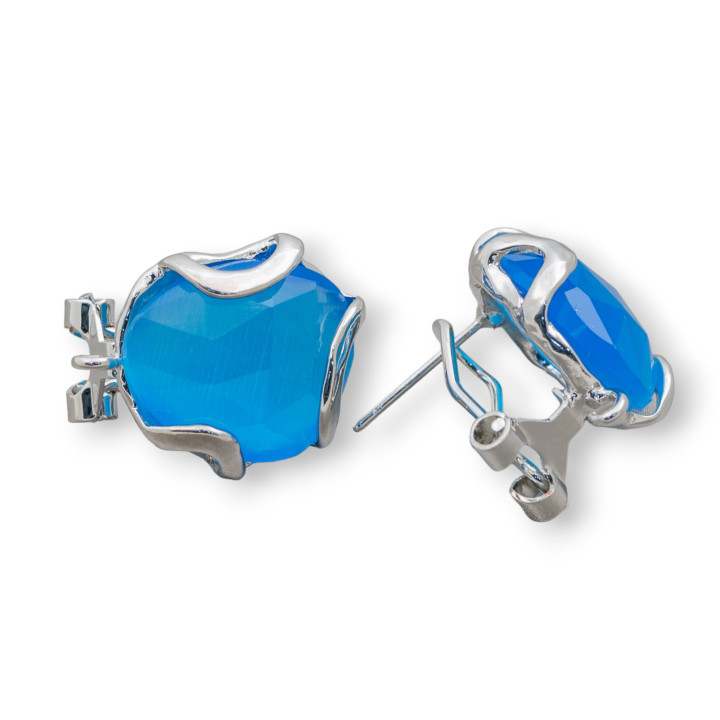 Boucles d'Oreilles Fermées Oeil de Chat en Bronze à Facettes Irrégulières Base 17mm 5 Paires Bleu Clair Rhodié