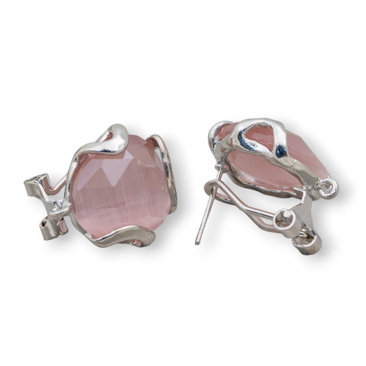 Boucles d'Oreilles Clous Fermées Bronze Oeil de Chat à Facettes Irrégulières Base 17mm 5 Paires Poudre de Rhodium