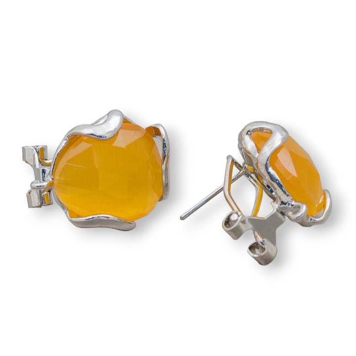 Base Per Orecchini A Perno Chiuso Di Bronzo Con Occhio Di Gatto Irregolare Sfaccettato 17mm 3 Paia Rodiato Giallo