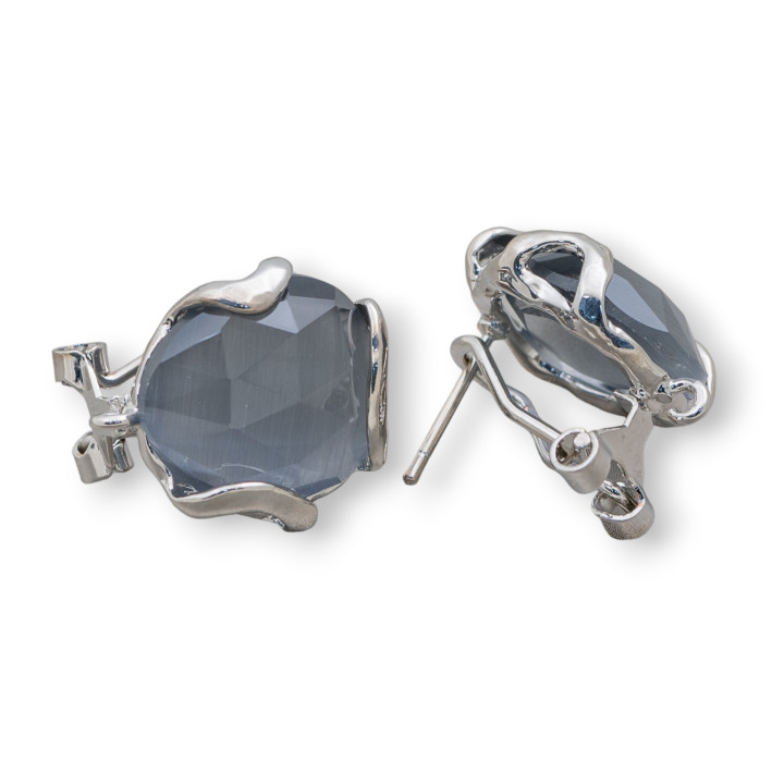Aretes Cerrados De Bronce Ojo De Gato Facetados Irregulares Base 17mm 5 Pares Gris Rodiado