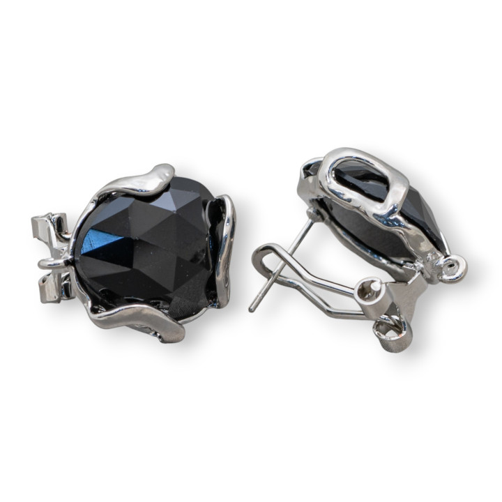 Boucles d'Oreilles Fermées Oeil de Chat en Bronze à Facettes Irrégulières Base 17mm 5 Paires Noir de Jais Rhodié