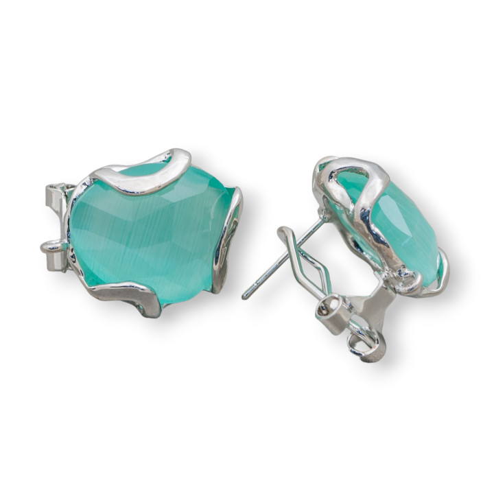 Aretes cerrados de bronce ojo de gato facetados irregulares Base 17 mm 5 pares Rodio verde agua