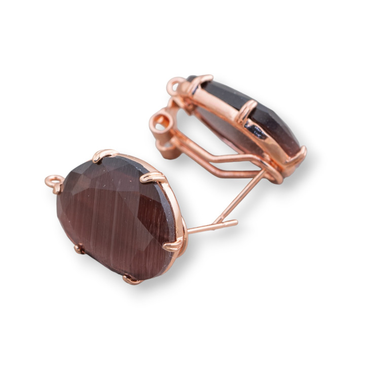 Geschlossene Ohrstecker aus Messing, Basis mit facettierten Mango-Katzenaugen, 15 x 20 mm, 5 Paar, Roségold, Lila