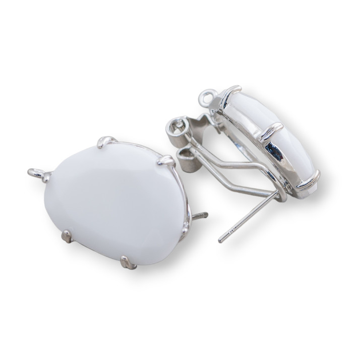 Faceted Mango Cat's Eye Brass Closed Stud Earring Base 15x20mm 5 Pairs Rhodium Plated White Agate