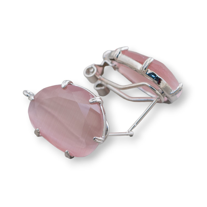 Boucles d'Oreilles Clous Fermées Laiton Base Oeil de Chat Mangue Facetté 15x20mm 5 Paires Poudre de Rhodium