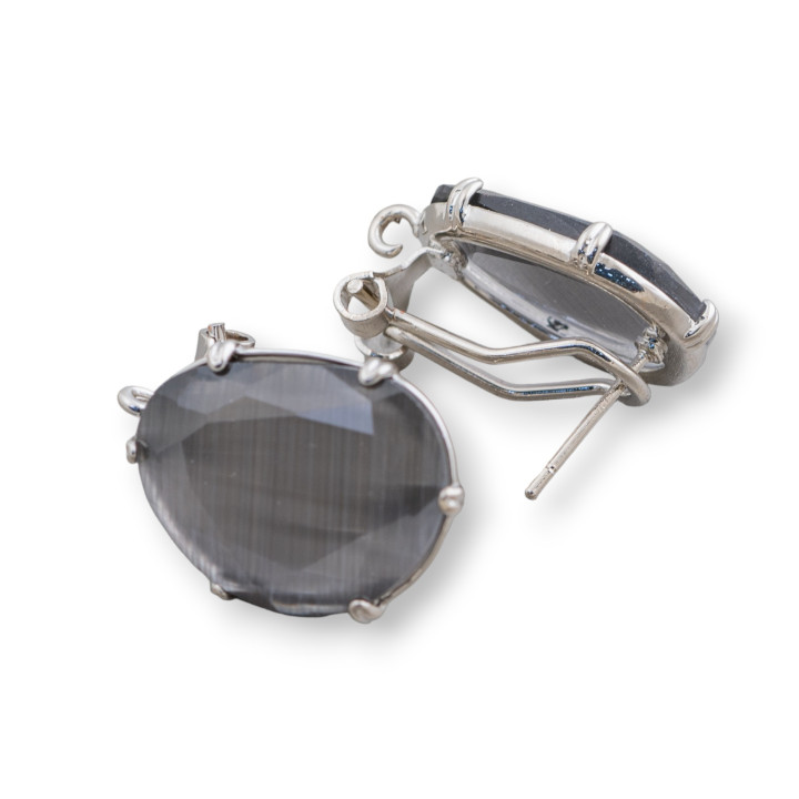 Boucles D'Oreilles Clous Fermées Laiton Base Oeil De Chat Mangue Facette 15x20mm 5 Paires Gris Rhodium