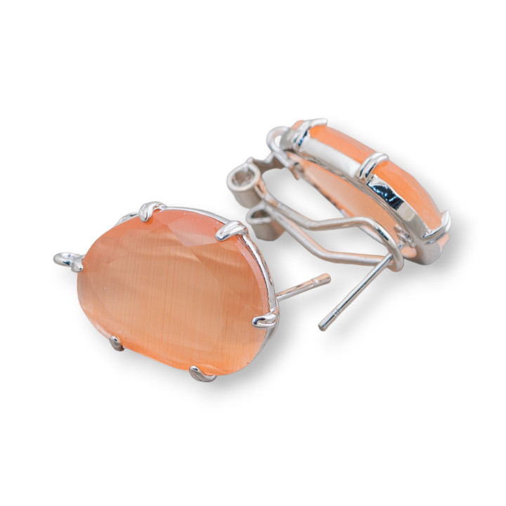 Brass Closed Stud Earring Base with Faceted Mango Cat's Eye 15x20mm 5 Pairs Rhodium Plated Peach