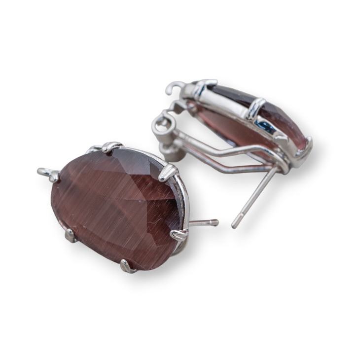 Boucles d'Oreilles Clous Fermées Laiton Base Oeil de Chat Mangue Facetté 15x20mm 5 Paires Plaqué Rhodium Violet