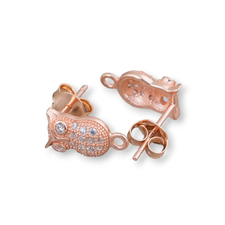 Base For Earrings Of 925 Silver With Zircons Owl 07x12mm 4 Pairs Rose Gold