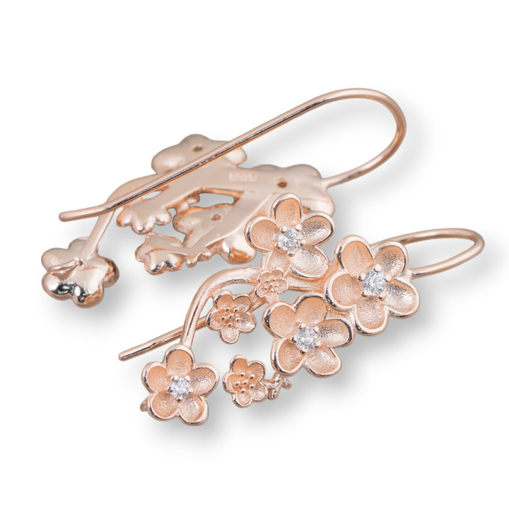Pendientes de Plata de Ley 925 Base Con Circonitas Margarita Flor Gancho 14x32mm 2 Pares Oro Rosa