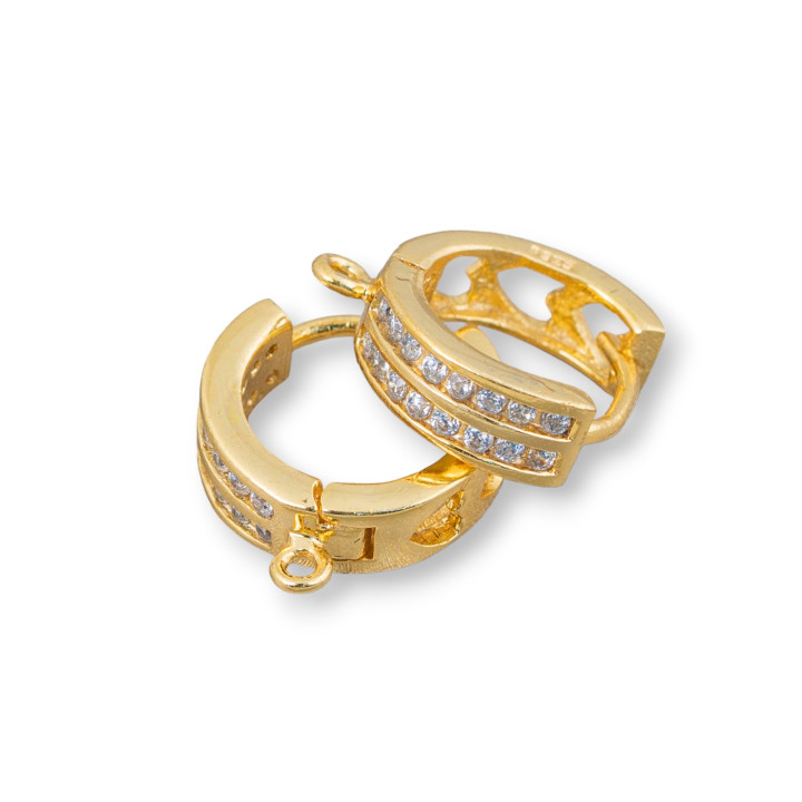 Base For Earrings Of 925 Silver With Zircons Closed Stud Circle 2 Rows 14x5mm 2 Pairs Golden