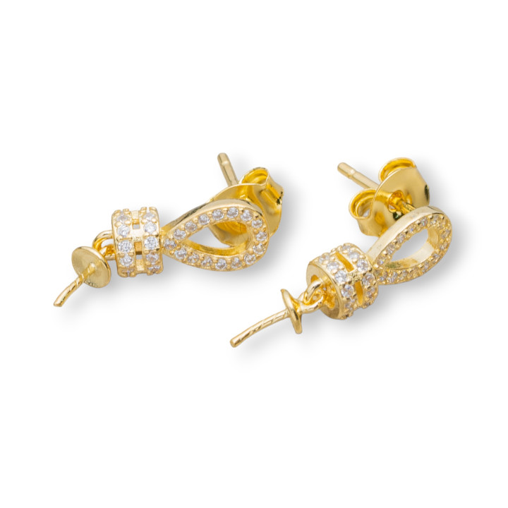 Base For Earrings Of 925 Silver With Zircons Drop Post With Washers 6x15mm 3 Pairs Golden