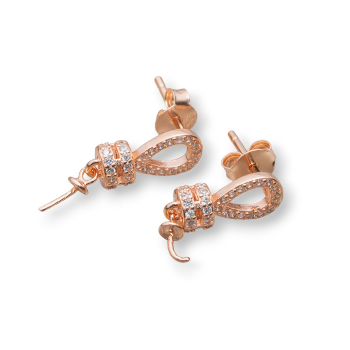 Base For Earrings Of 925 Silver With Zircons Drop Post With Washers 6x15mm 3 Pairs Rose Gold