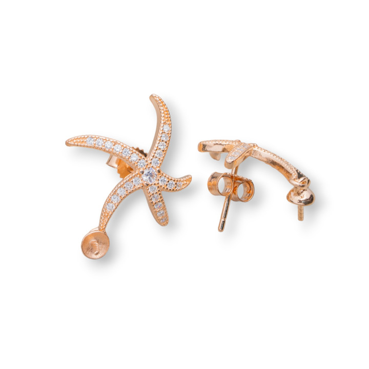 Base For Earrings Of 925 Silver With Zircons Starfish Stud 18x20mm 2 Pairs Rose Gold