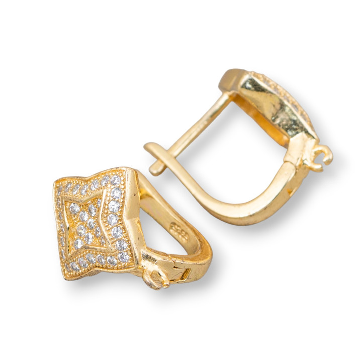 Base For Earrings Of 925 Silver With Zircons Closed Stud Star 13mm 2 Pairs Golden